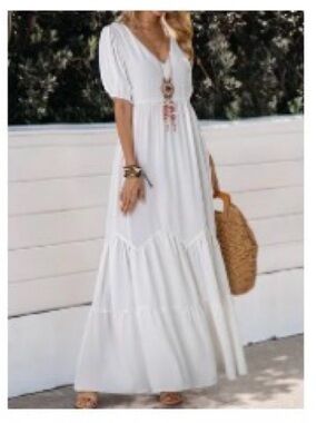 StyleWe Women's White V-Neck Maxi Dress - Elegant Tiered Summer Dress